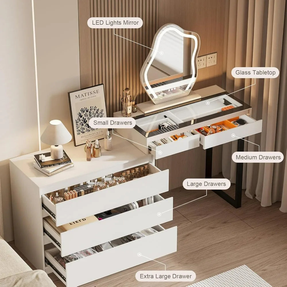 Modern L-Shaped Corner Vanity Desk with Glass Top, Mirror, and Lighting, 58-Inch Large Dressing Table with Two Drawers