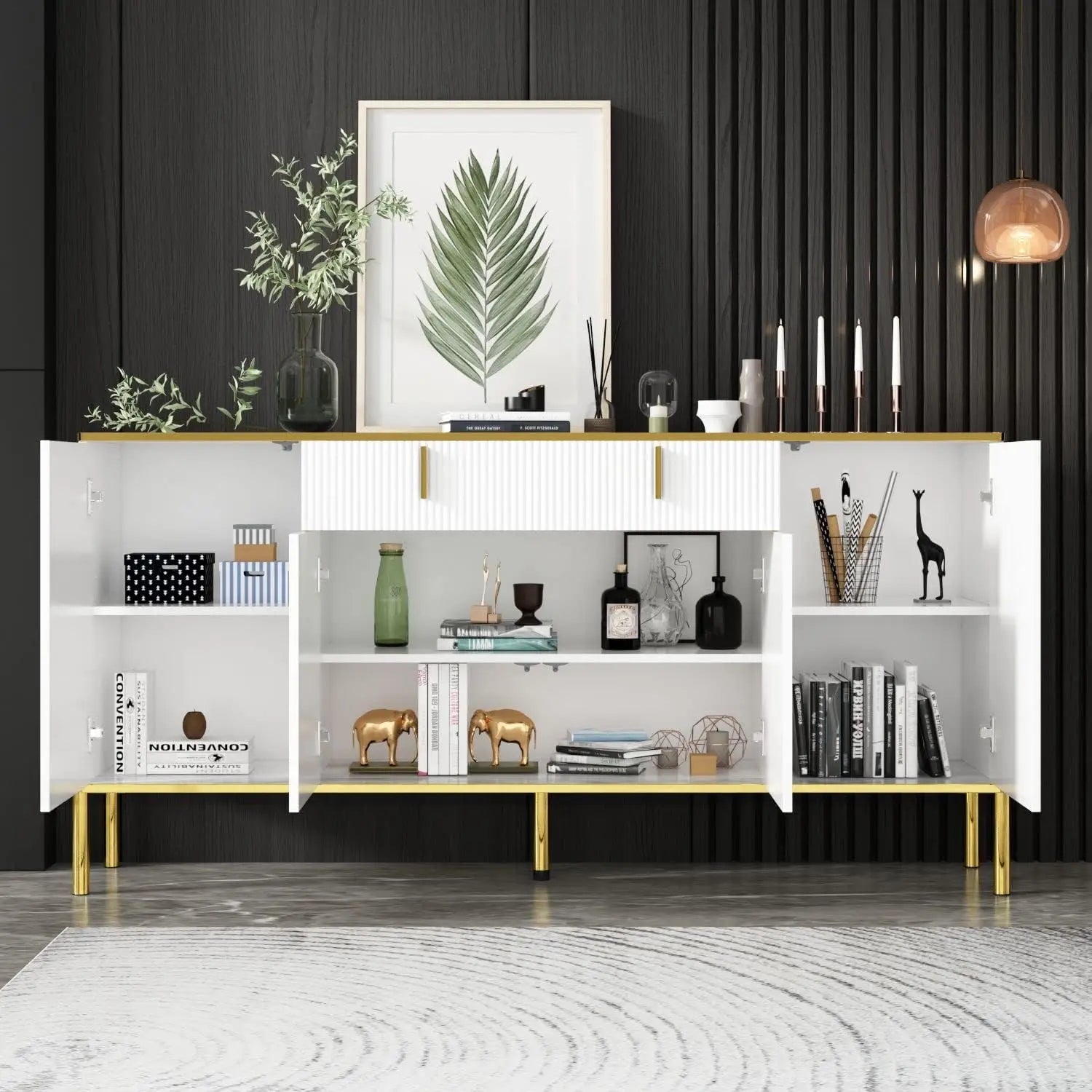 Modern Credenza Sideboard Buffet with Drawer & Pop-Up Doors, Buffet Sideboard Storage Cabinet with Gold Metal Legs