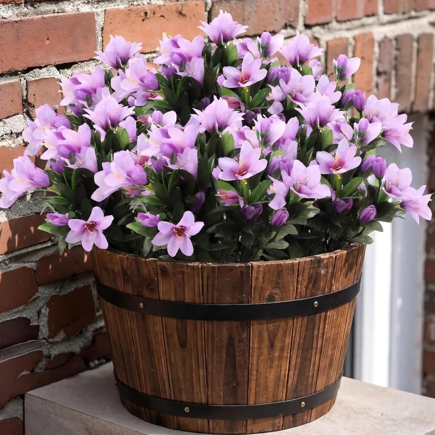6 Bundles Artificial Faux Spring Flowers for Outdoor, Faux Azalea with Leaves Fake Plants Silk UV Resistant Realistic