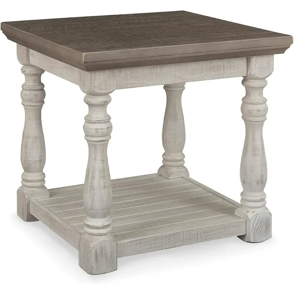 Limited Time Offer, Farmhouse Square End Table with Floor Shelf, Vintage Gray & White with Weathered Finish
