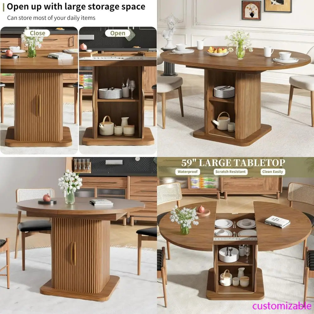 Expandable Oval Dining Table for 4-6-8 People, 59" Kitchen Table with Storage, Wooden Sliding Door, Contemporary Oval Design