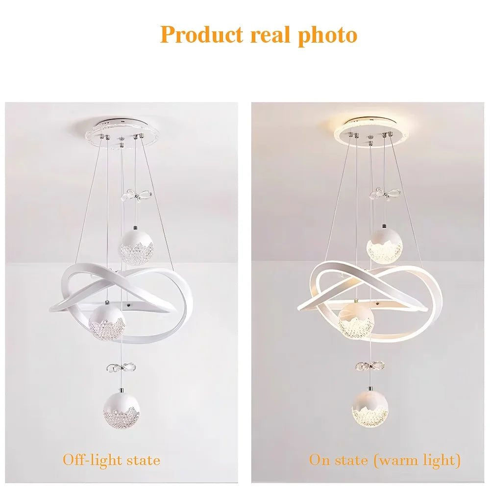 LED Chandelier with Three Spherical Lampshades, Three Adjustable Light Colors, Adjustable Height, and Crystal Accents; Suitable for Above Dining Tables, in Bedrooms, and More