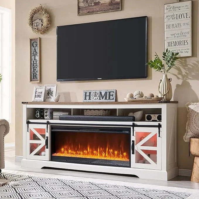 Fireplace TV Stand for 85" TV, 33" Tall Highboy Farmhouse Entertainment Center w/42'' Electric Fireplace & LED Light, Rustic