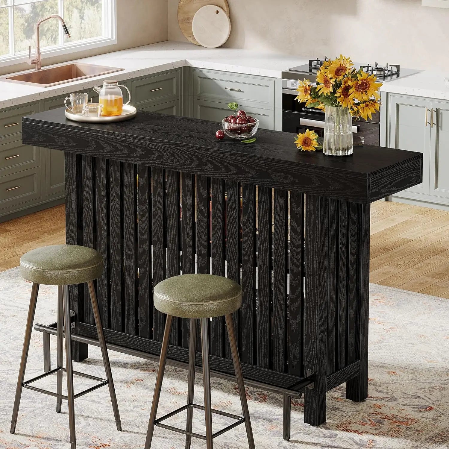 Black Large Home Bar Unit, 2-Tier Mini Bar Pub Table with Footrest, 63-Inch Modern Coffee Bar Cabinet