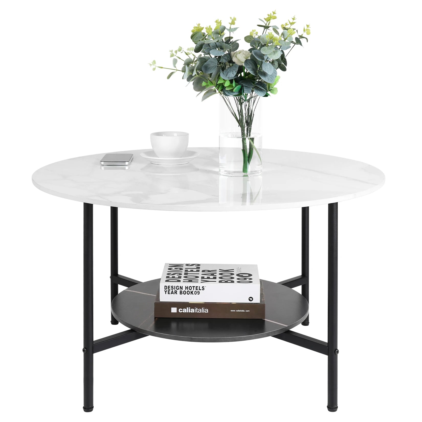 2 Tier Round Coffee Table Modern High End Sintered Stone Desk Home Furniture Table Metal Frame for Living Room, Bedroom