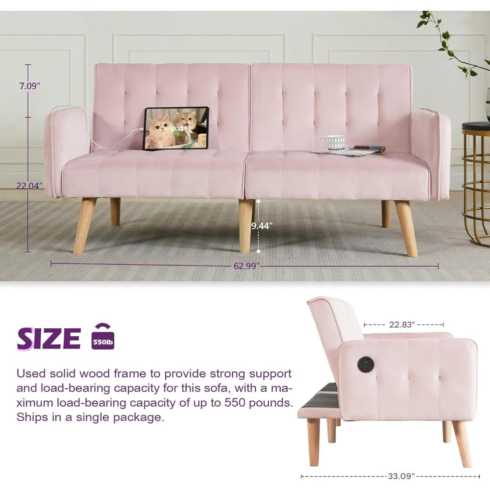 65-inch Wide Velvet Modern Convertible Futon Sofa Bed with USB Charging Ports and Arms, Ideal for Compact Living Spaces