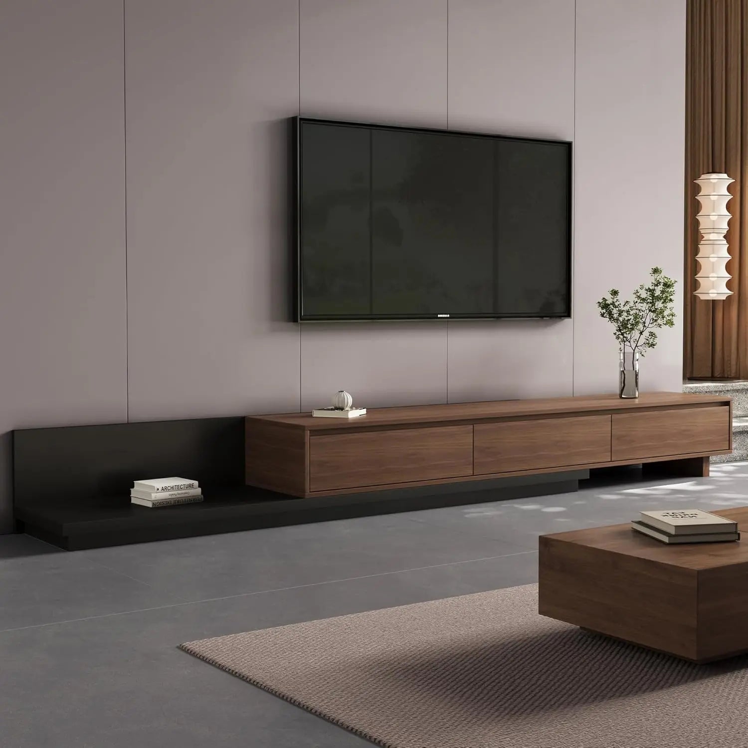 Adjustable TV Stand Entertainment Center, 3 - Drawer Extendable Media Console (79"-130") with Storage Cabinets - Stylish Walnut