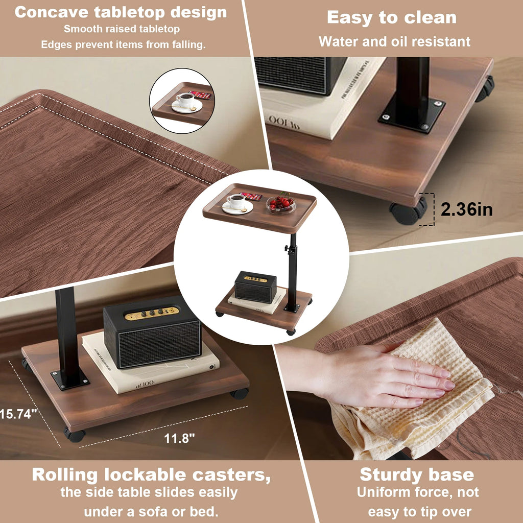 End Table Adjustable Height 360° Swivel TV Tray Couch Tables That Slide Under, Side Tables with Wheels For Sofa, Bed, Chair