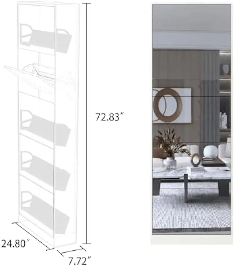 Shoe Cabinet with Mirror, Freestanding Shoe Rack Organizer with 5 Flip Drawers, Modern Full Length Mirror