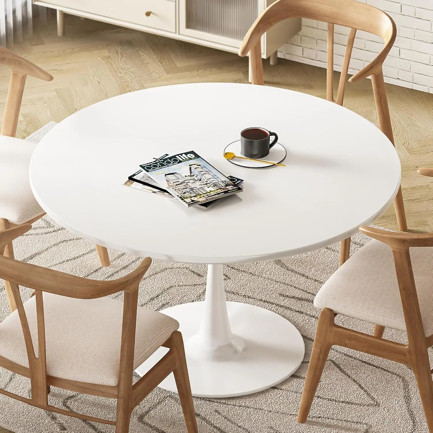 White Round Kitchen Dining Table, 42.1"/4-6 People with MDF Tabletop & Pedestal Base