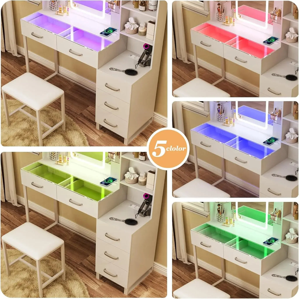 Vanity Desk with Mirror and LED Lights, 43" Makeup Vanity with Glass Top & Wireless Charging, Vanity with RGB Drawers