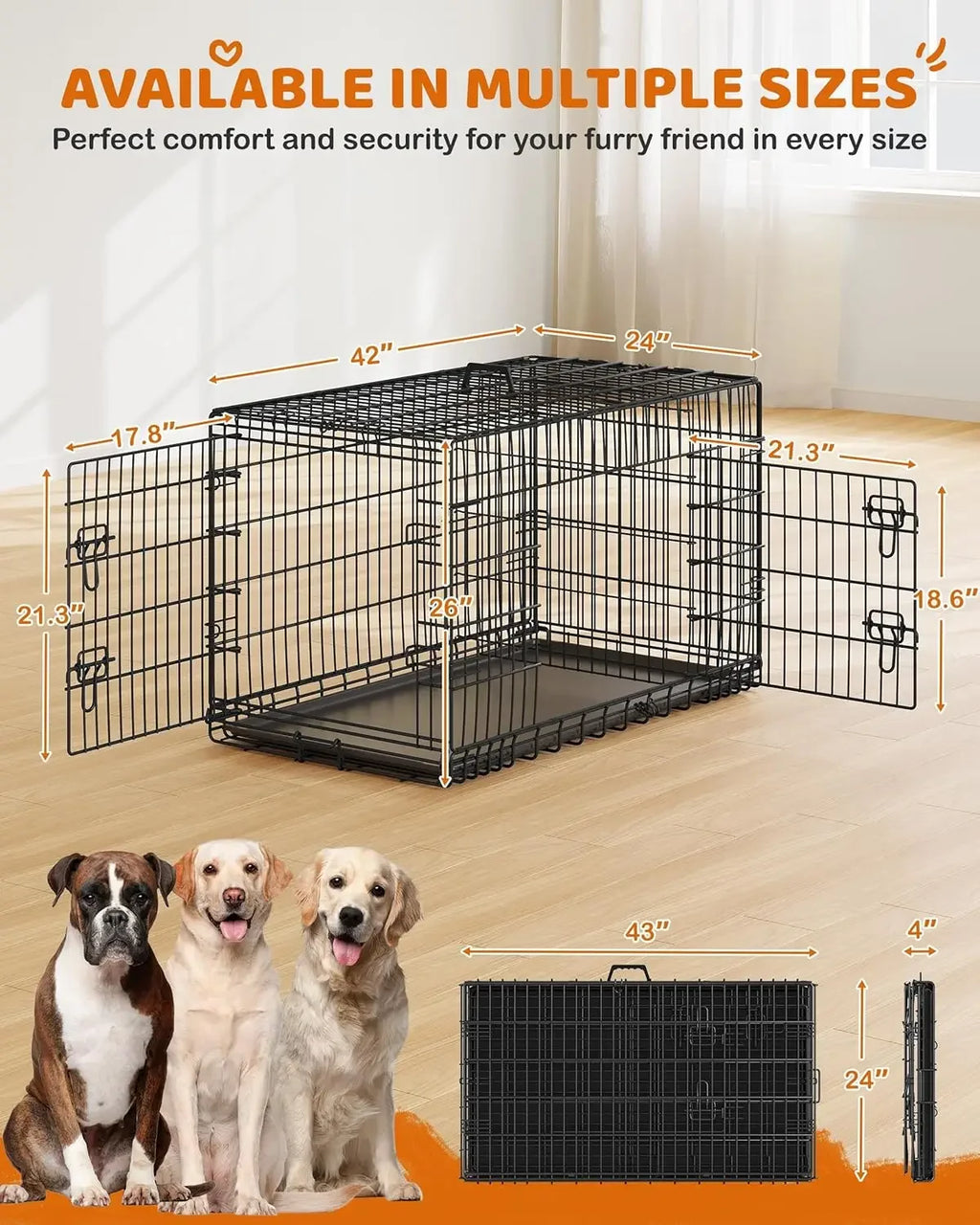 42 inch Dog Crate Double Door w/Divider for Puppy to Adult XL, Collapsible Metal Dog Crate with Removable Tray Wire