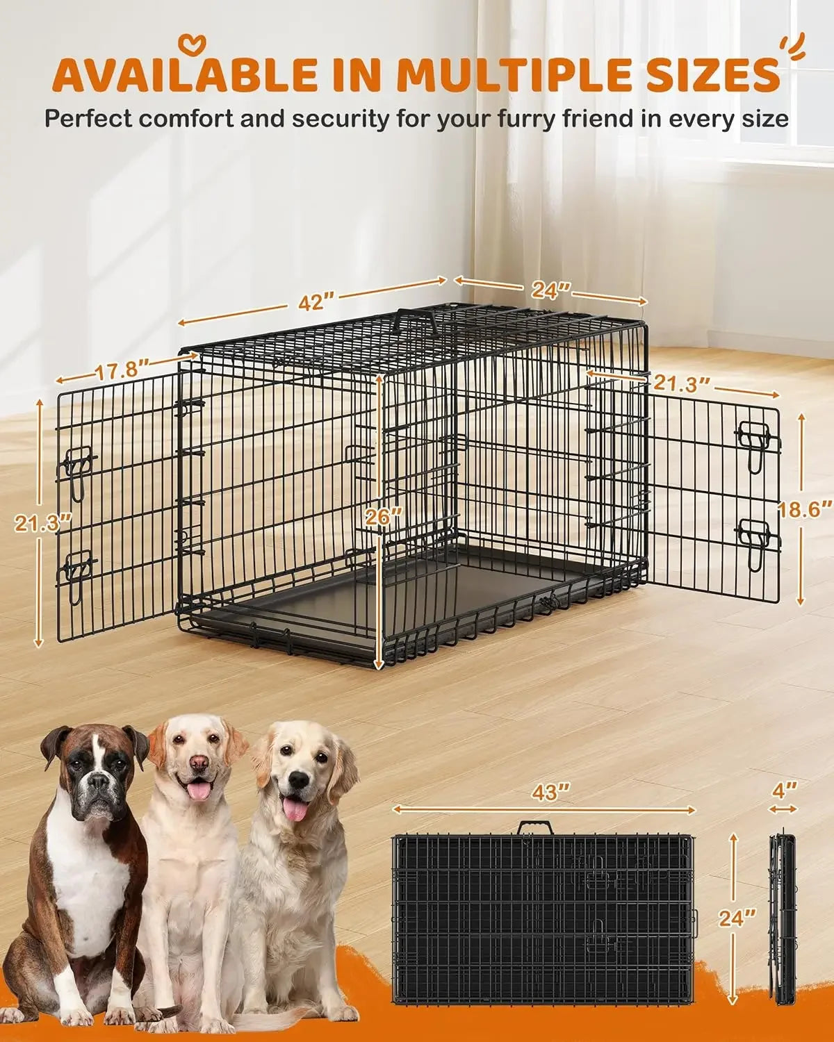 42 inch Dog Crate Double Door w/Divider for Puppy to Adult XL, Collapsible Metal Dog Crate with Removable Tray Wire