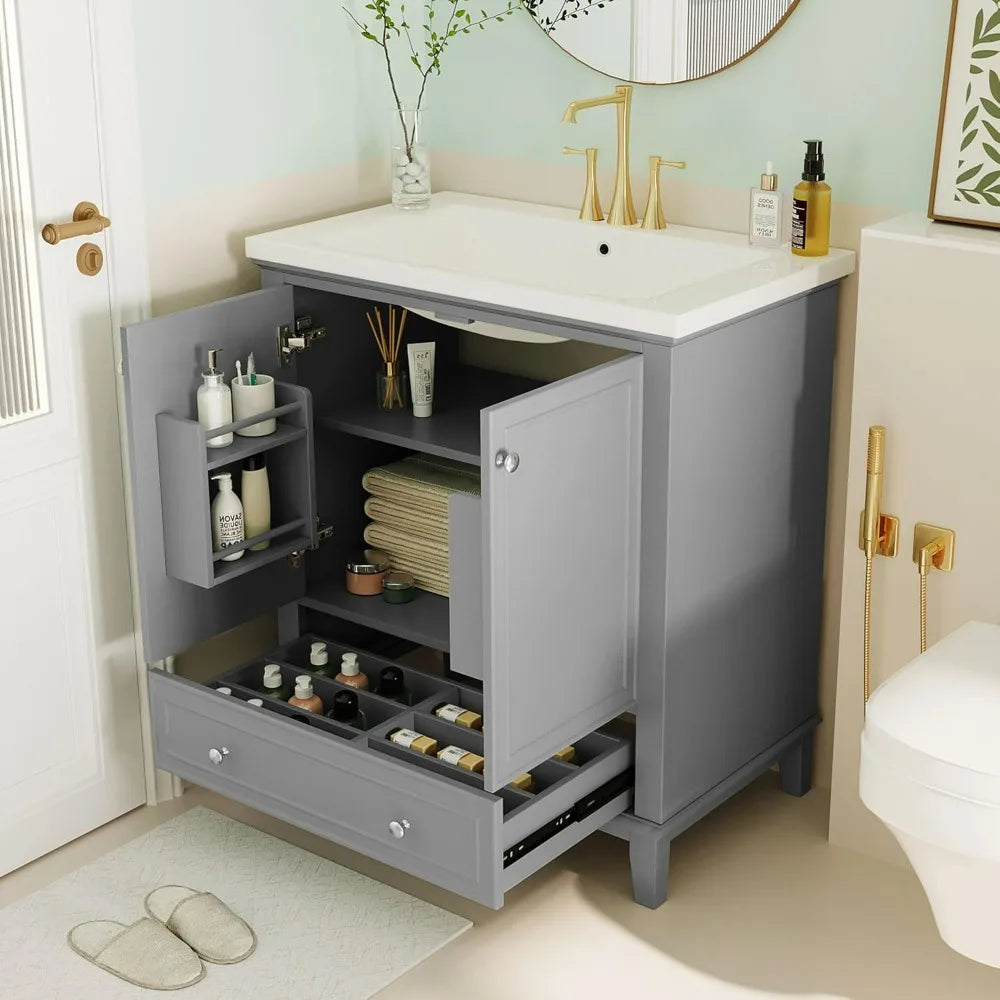 Modern 30-inch Bathroom Vanity with Undermount Sink, Storage Cabinet, Multi-Functional Drawers, and Adjustable Shelves