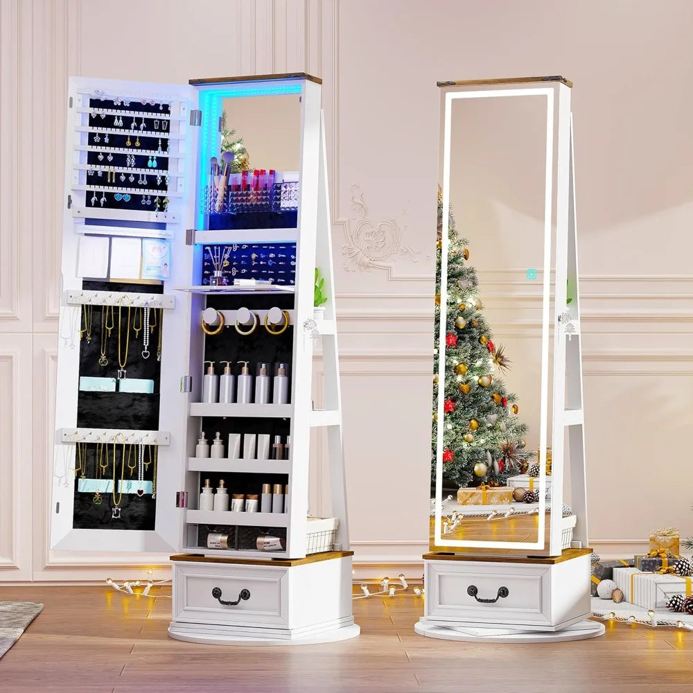LED Mirror Jewelry Cabinet Standing, 360°Swivel Jewelry Armoire with Full Length Mirror, Mirror with Jewelry Storage and Large