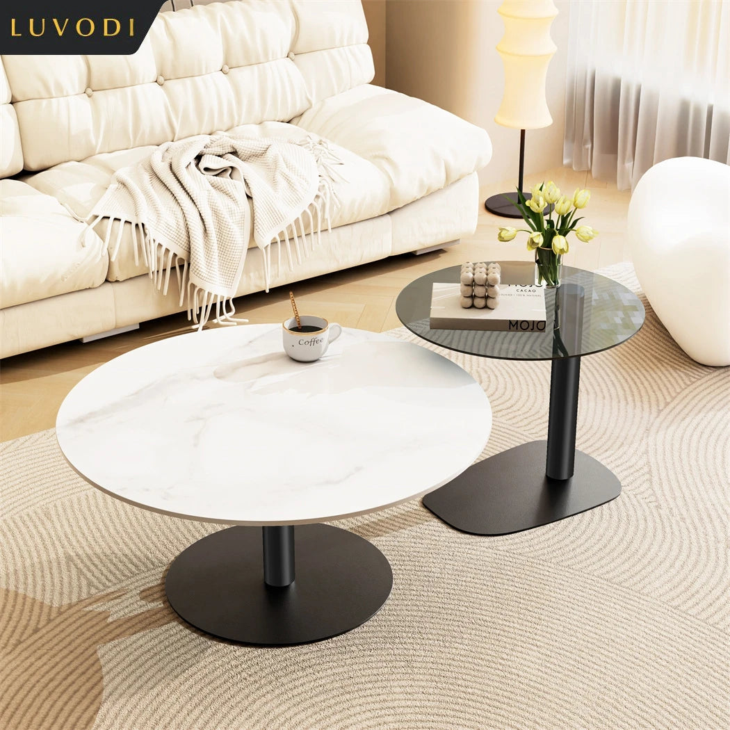 Modern Round Marble Coffee Table Set of 2/ Living Room Center Table/ Sofa Side Desk with Black Glass/ End Table With Metal Legs