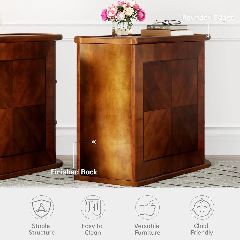 3 Drawers Wood End Table, No Assembly Required, Narrow Sofa Side Table for Living Room, Vintage Slim Nightstand, Bedside Table