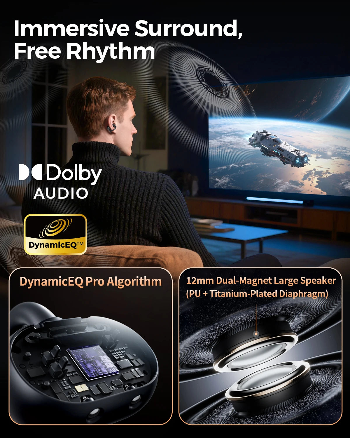 Open Ear Wireless Headphones Dolby Audio Bluetooth 5.4 Earphone Clip On Sports Earbuds with Hi-Res LDAC, IPX5