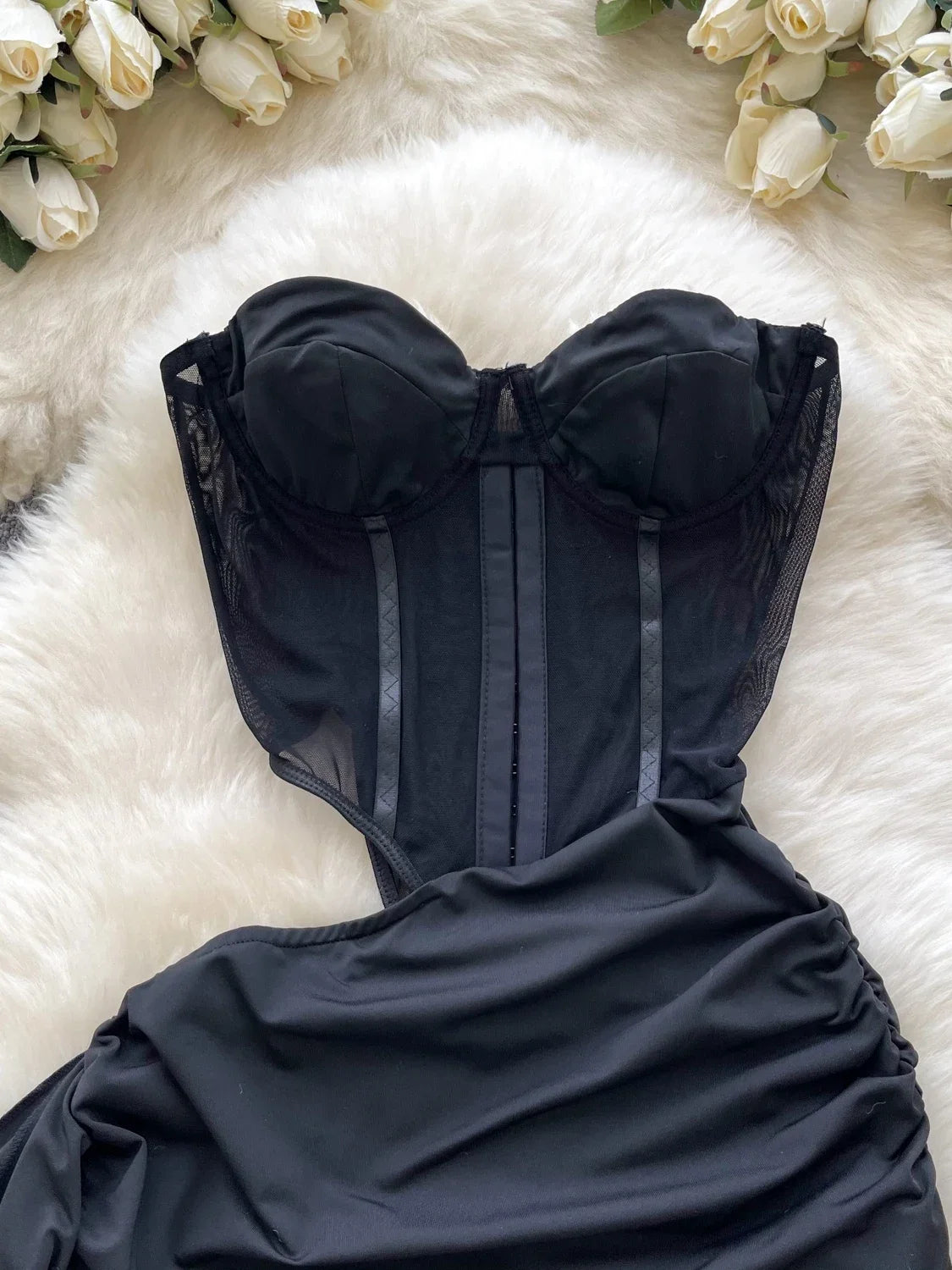 American Sexy Hollowed-out Waist Tube Top Dress for Women/ Pleated Waist Hip-Wrapped Streamer Short Dress
