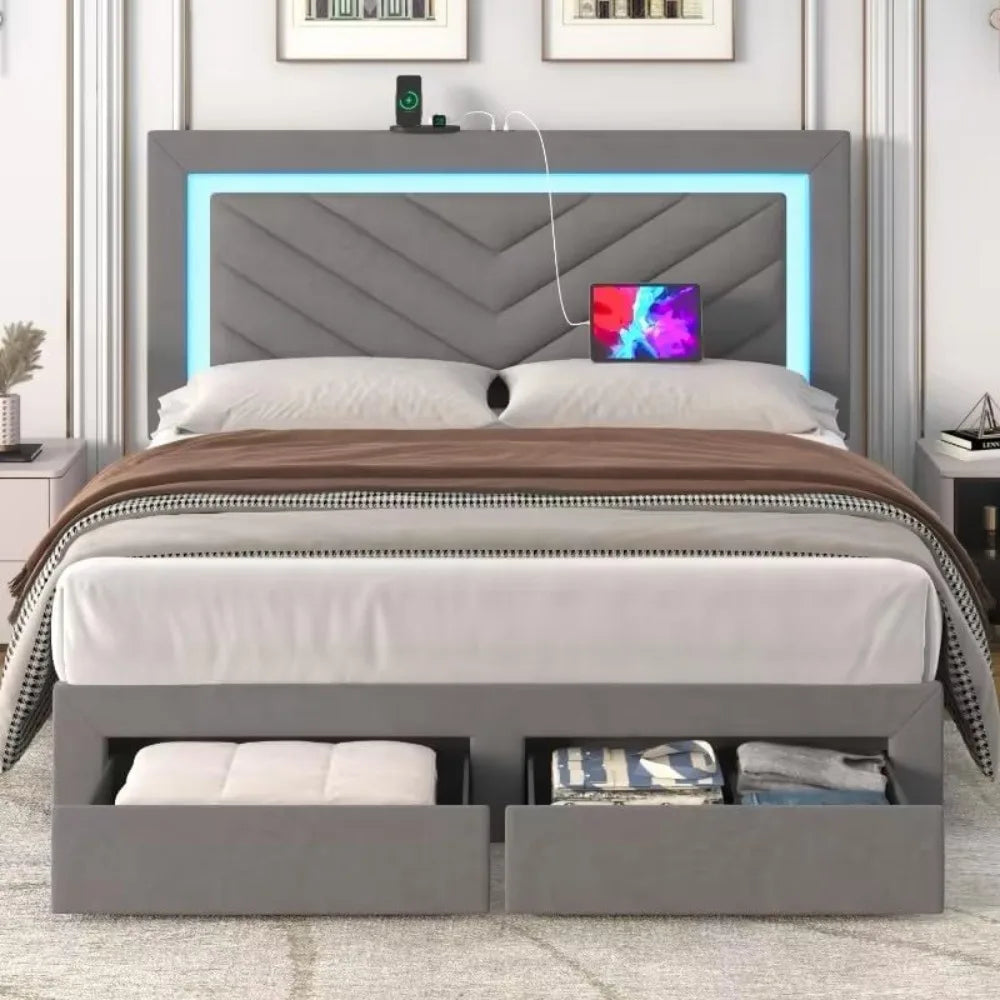 Upholstered Full Bed Frame with LED Headboard and Storage Drawer, with Charging Station,