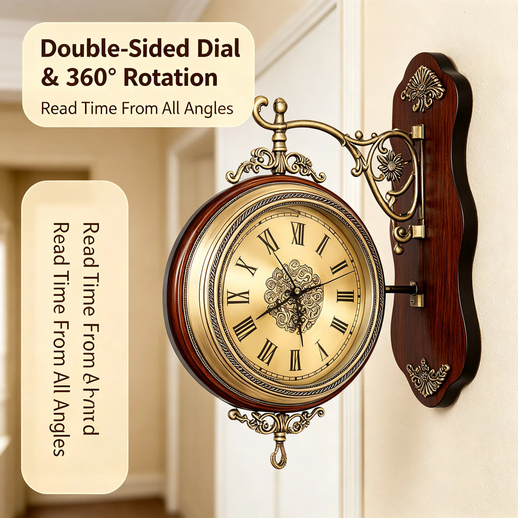 Double-Sided Wall Clock Vintage Style, 12-inch Silent Round Clock with 360° Rotation, Easy-to-Read Dual-Sided Dial for Living Room Office, Brown
