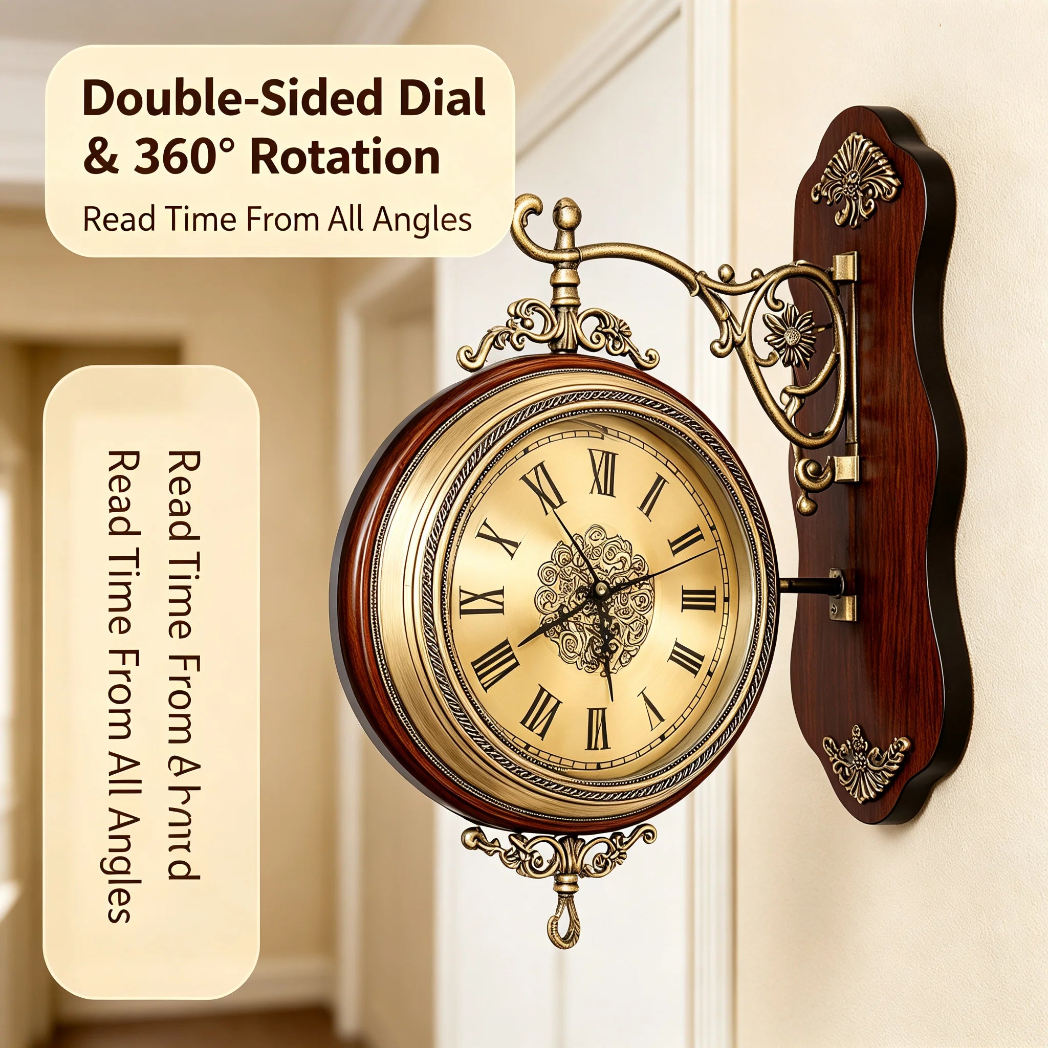 Double-Sided Wall Clock Vintage Style, 12-inch Silent Round Clock with 360° Rotation, Easy-to-Read Dual-Sided Dial for Living Room Office, Brown