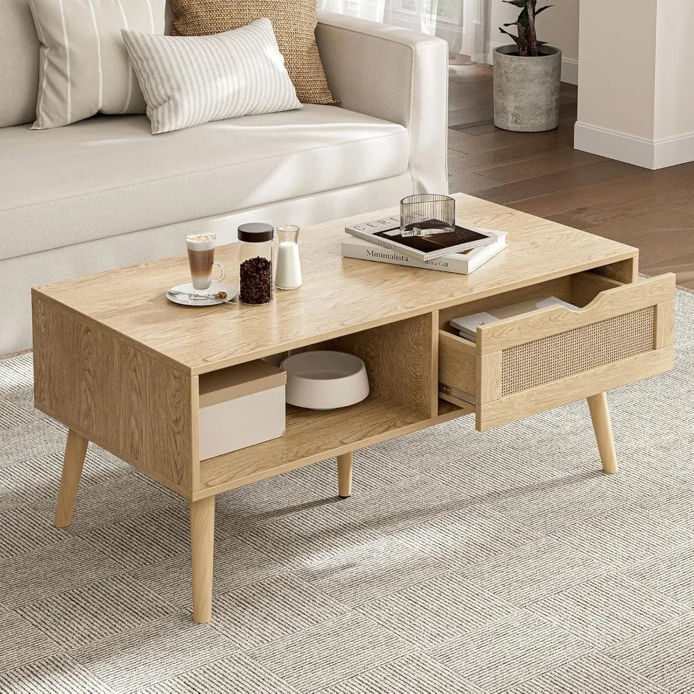 Storage Coffee Table, Bohemian Rattan Drawer , Compact Coffee Tables for Living Spaces, Oak Finish