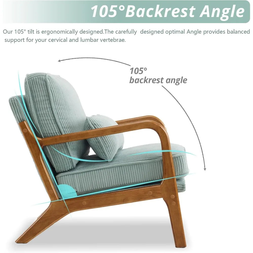 Karl home Mid-Century Modern Accent Chair, Living Room Chairs with Pillow Corduroy Upholstered Lounge Armchair with Solid Wood
