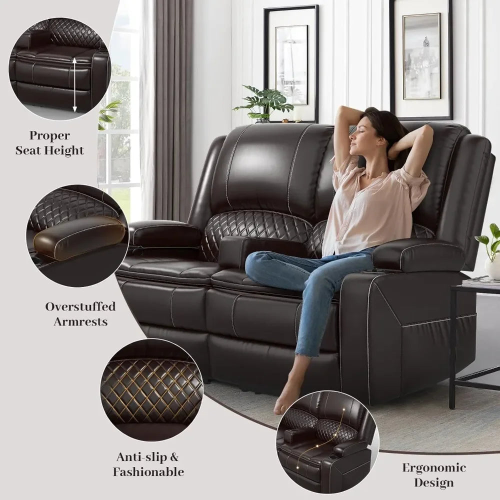 Adult Dual-Tier Faux Leather Reclining Loveseat with Detachable Armrest
