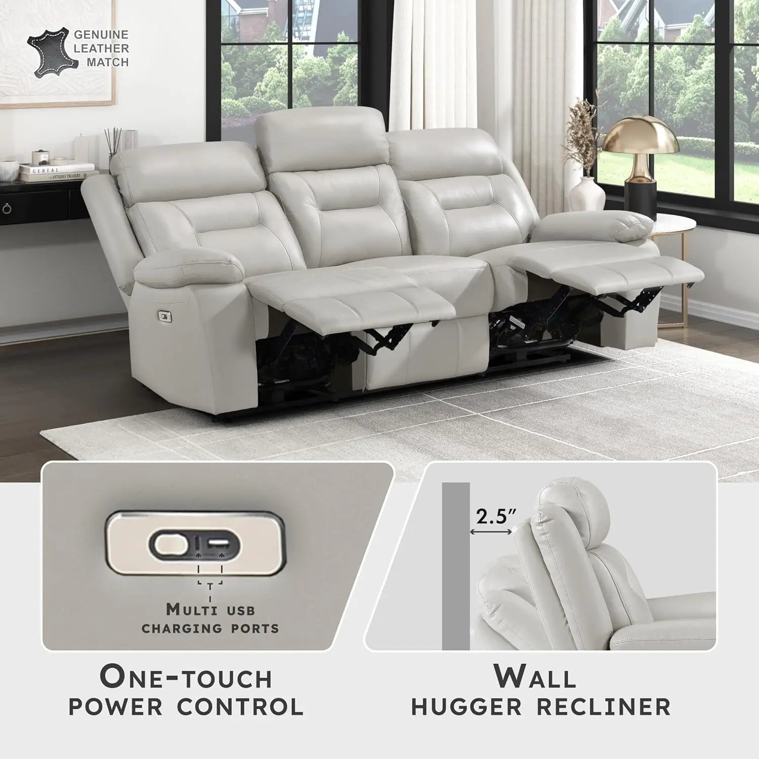 Power Double Recliner Sofa, Top Grain Leather Reclining Sofa with Pillow Top Armrests, Home Theater Seating, Wall Hugger