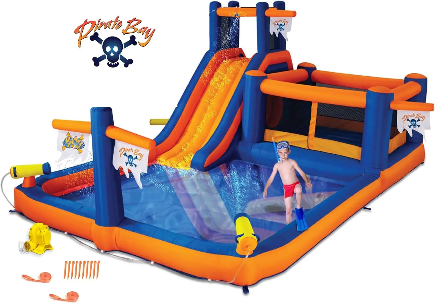 20x12 Inflatable Bounce House Water Park with Blower, Slide, Climbing Wall, Tunnel & Water Cannons - Huge Wet/Dry Play Area