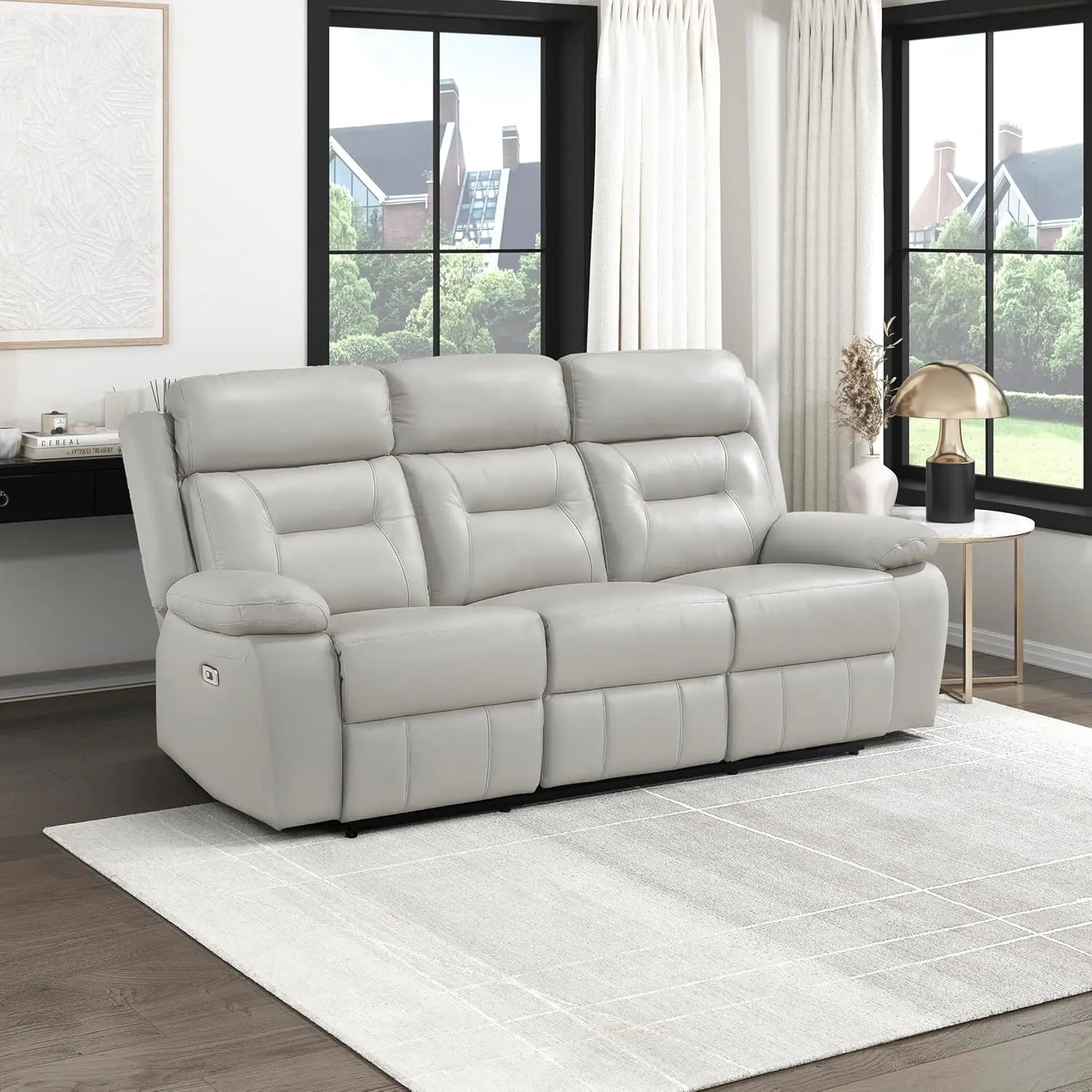 Power Double Recliner Sofa, Top Grain Leather Reclining Sofa with Pillow Top Armrests, Home Theater Seating, Wall Hugger