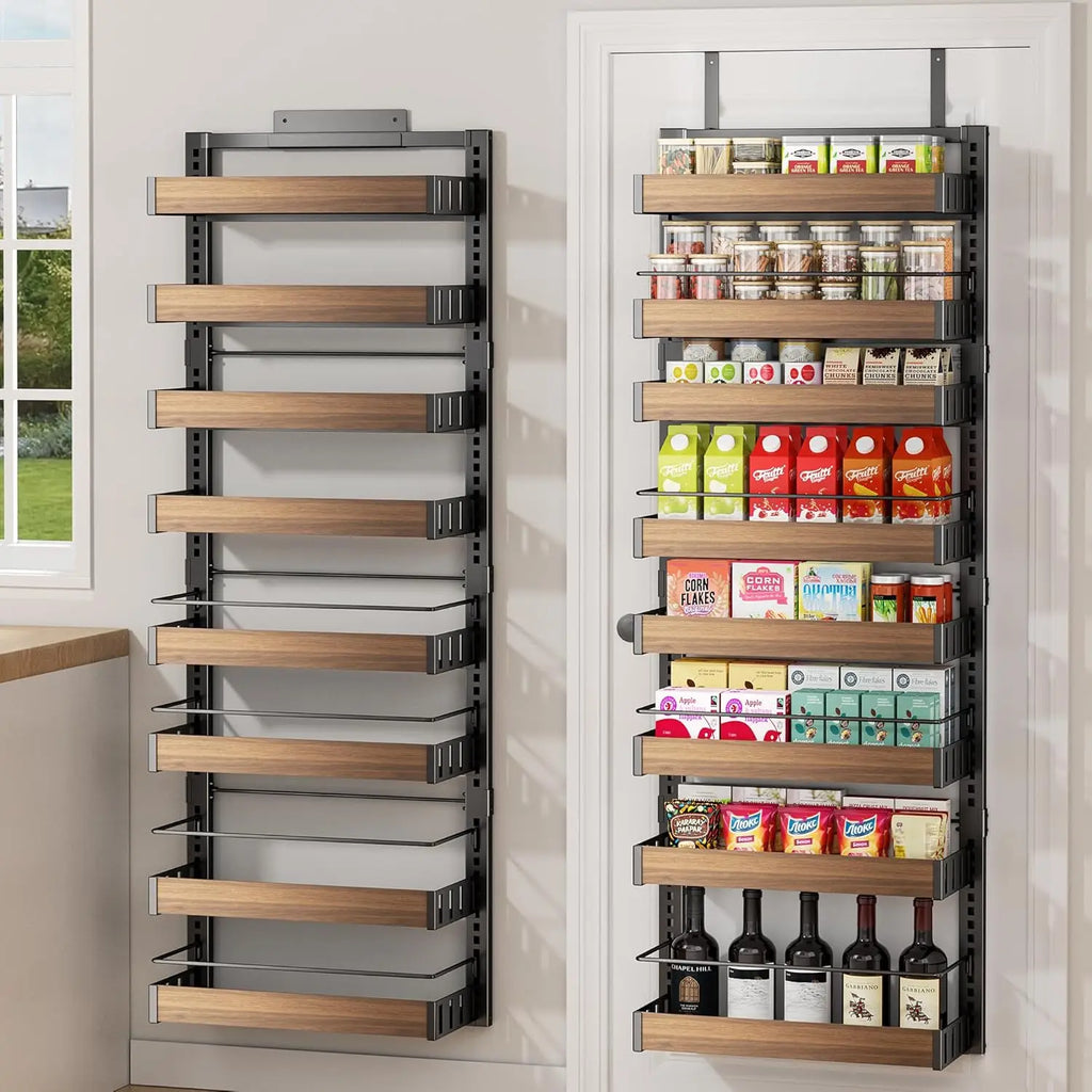 8 Tier Over The Door Pantry Organizer, 2 IN 1 Wall Mount or Hanging Spice Rack, Seasoning Shelves with Adjustable Basket