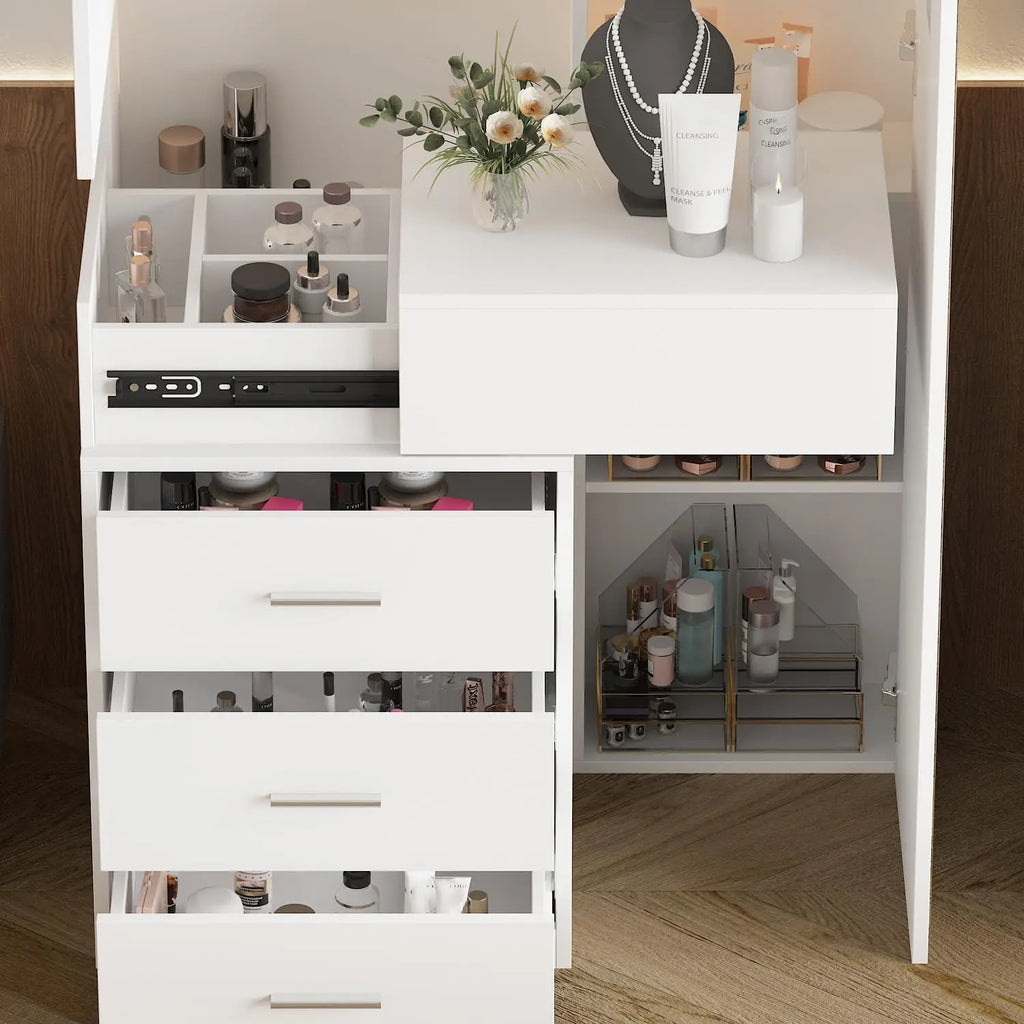 Makeup Vanity Desk with Mirror and Lights, Dressing Table， Vanity Desk , Storage Shelves, 3 Colors Lighting Full-Length