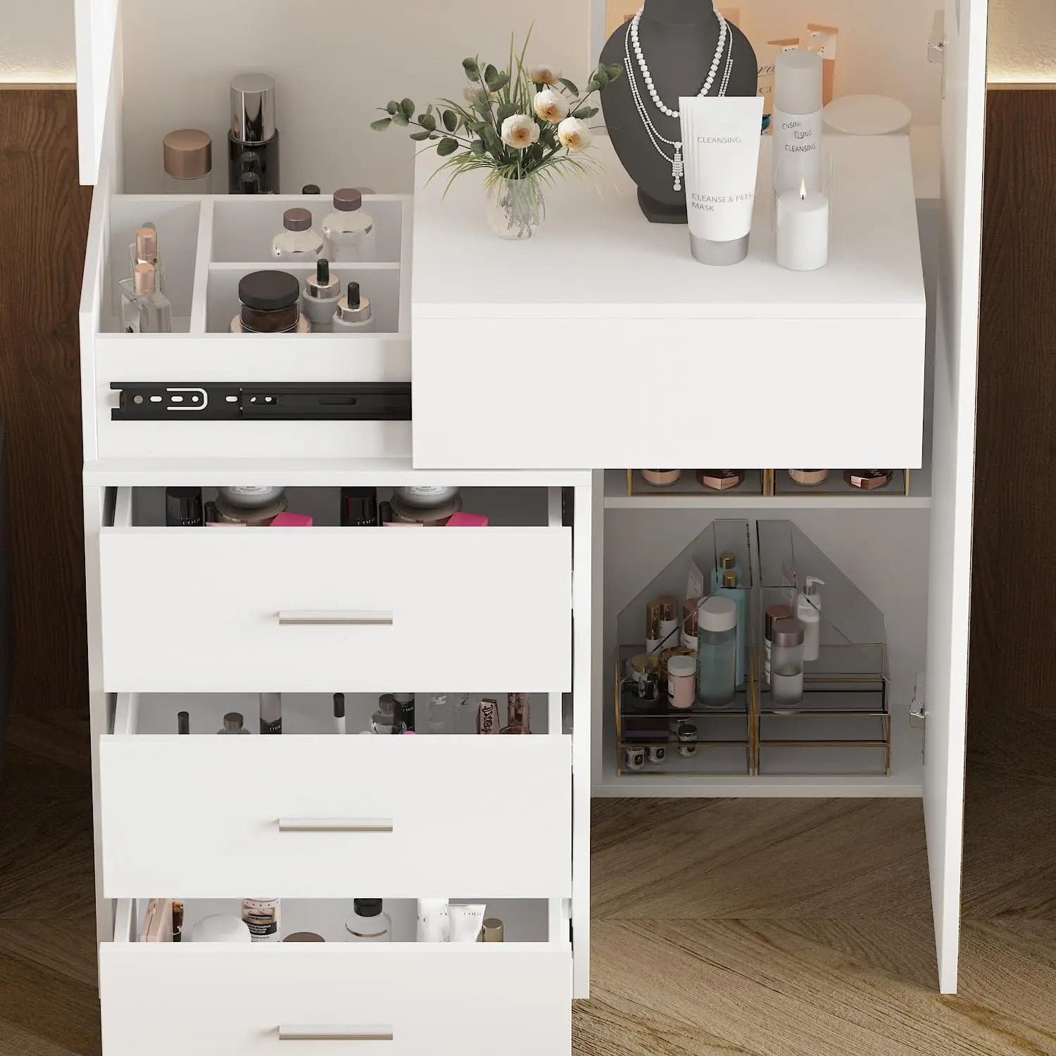 Makeup Vanity Desk with Mirror and Lights, Dressing Table， Vanity Desk , Storage Shelves, 3 Colors Lighting Full-Length