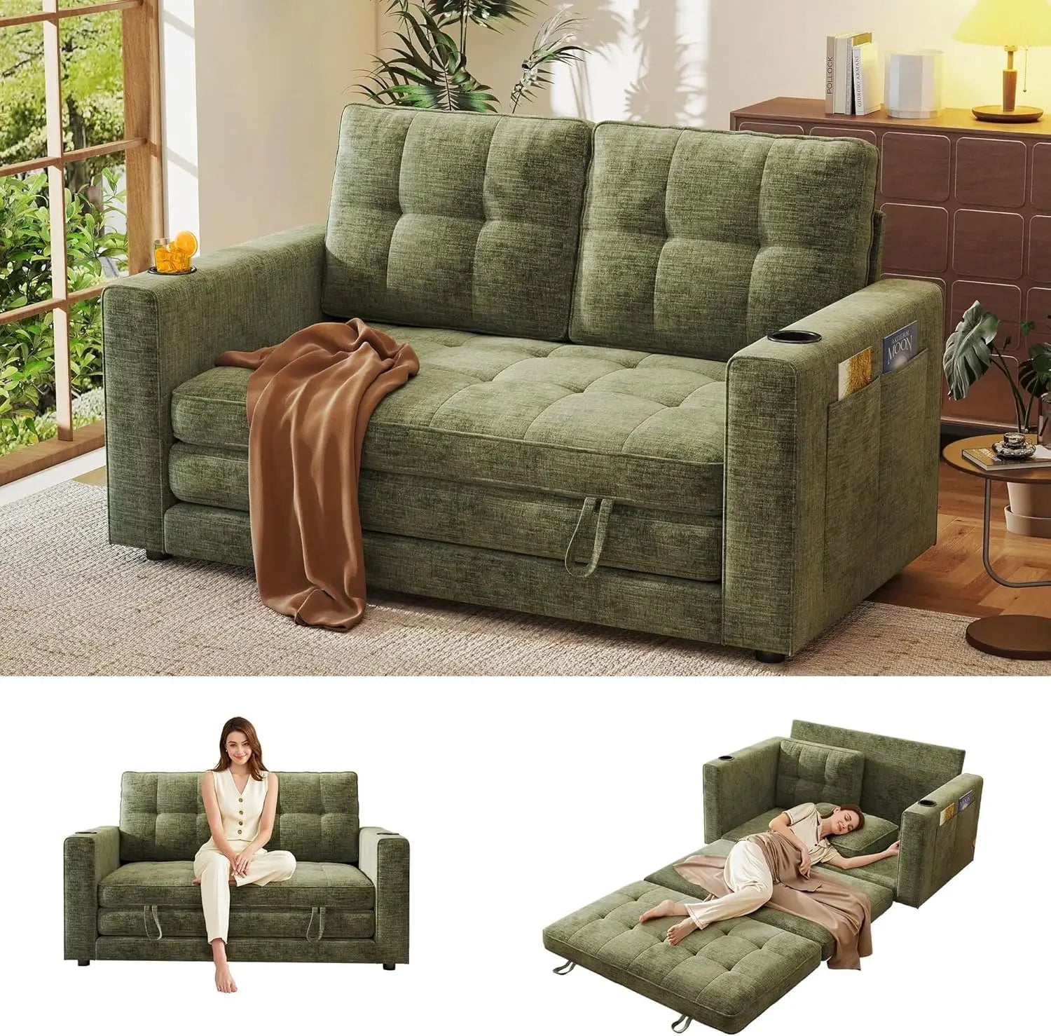 55" Convertible Sofa Bed Pull out Couch Love Seat Sleeper Bed Small Fold out Sofa with Cup Holder Home Living Room Furniture