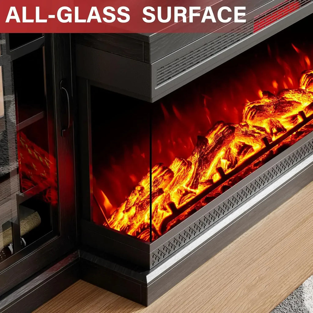75" Fireplace TV Stand with 3-Sided Glass Electric Fireplace, Media Entertainment Center , TVs up to 85", Black