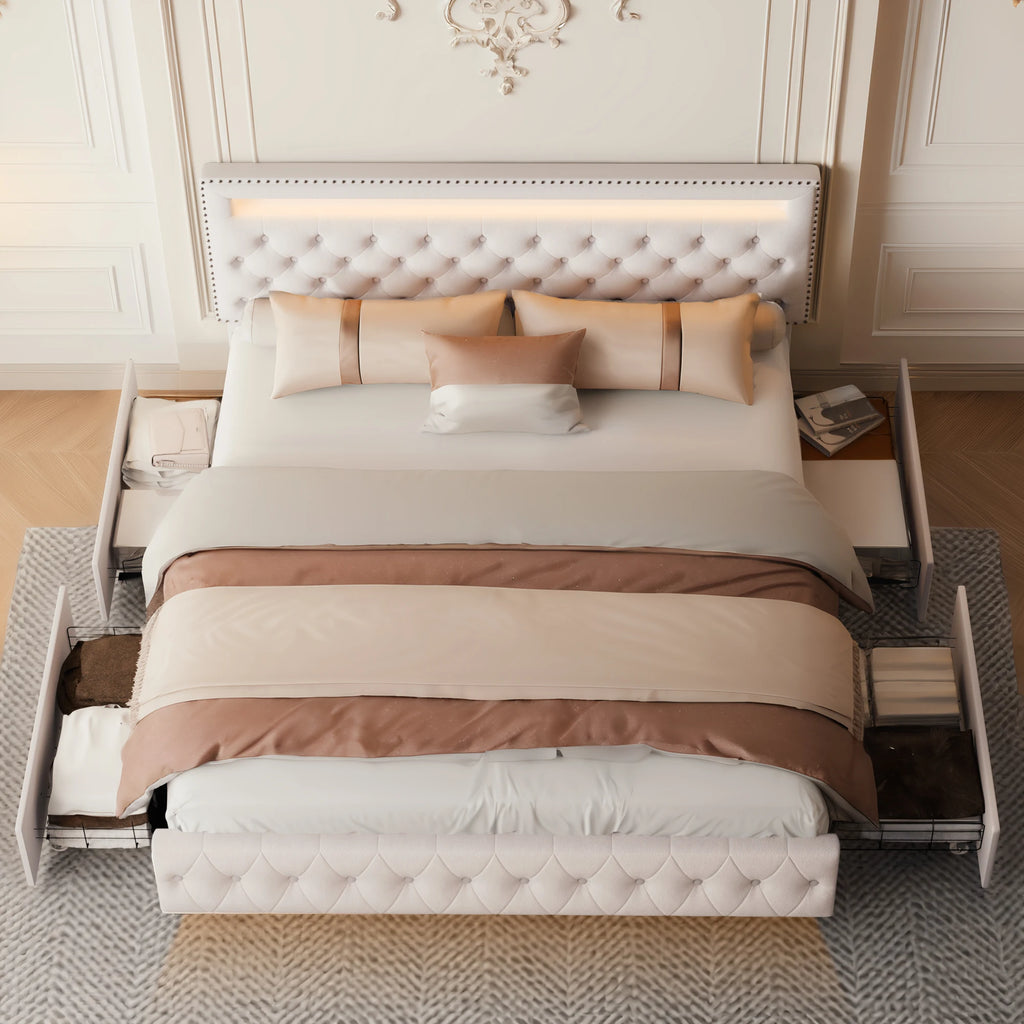 Full Size LED Bed Frame with Storage Drawers, RGBW Lights, Adjustable Headboard, No Box Spring, PU/Velvet Upholstered