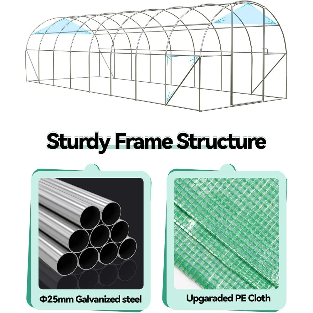 Expansive 27x10x7 Ft Outdoor Greenhouse with Hinged Door, 16 Ventilation Meshes, Robust Galvanized Steel Construction