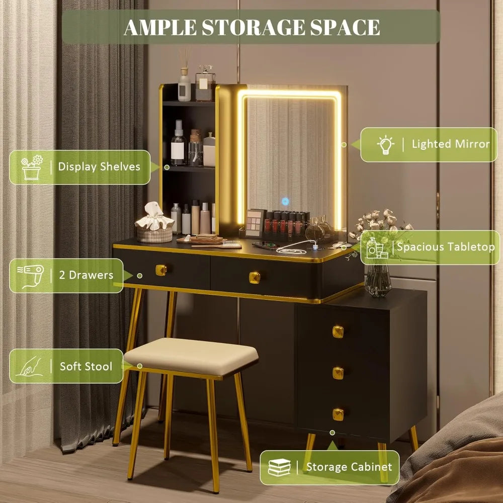 Luminated Makeup Vanity Desk with 3-Color LED Lights, Charging Port, 5 Drawers, and Storage Shelves