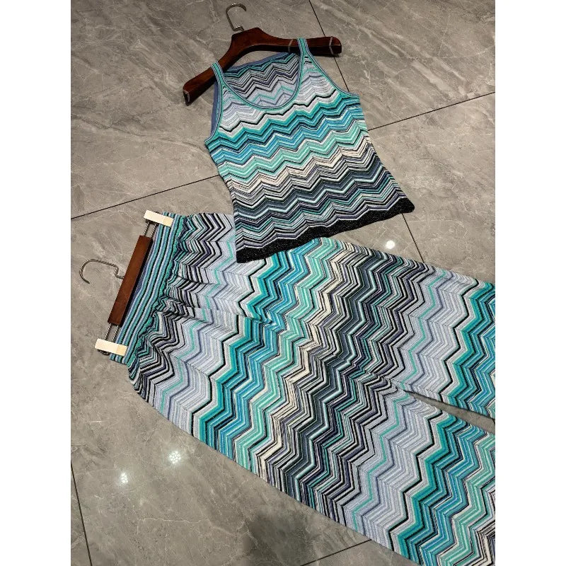 Metallic Striped Print Short Camisole and Pants Set for Women 2026 Summer New Slim Fit Versatile High-end Set Women Clothing