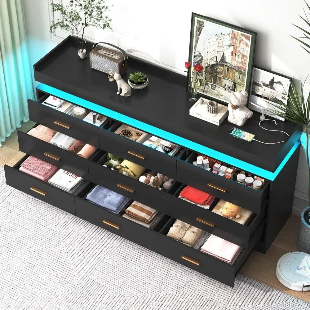 9 Drawer Dresser with Charging Station and LED Lights, Modern Chest of Drawers with Power Outlet, Organizer Cabinet for Bedroom,