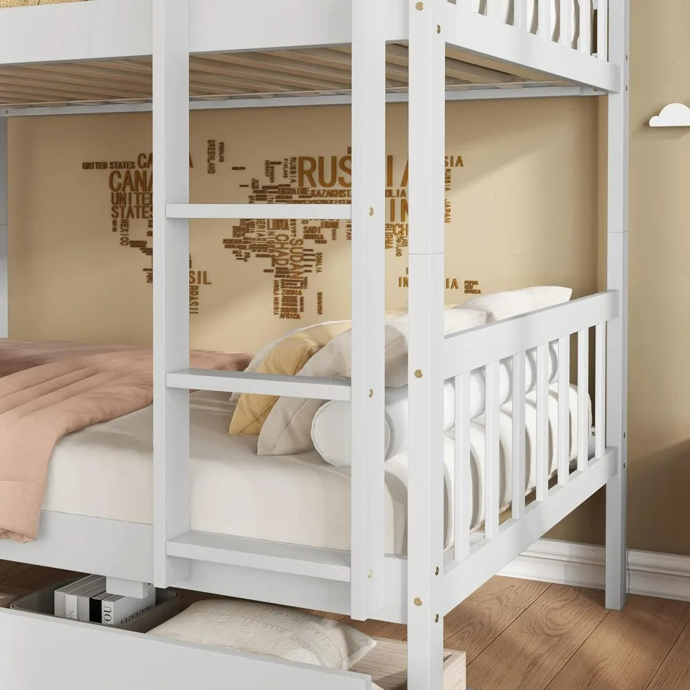 Solid Wood Twin Bunk Bed with Storage, Ladder, and Raised Guardrails for Children, Convertible Design