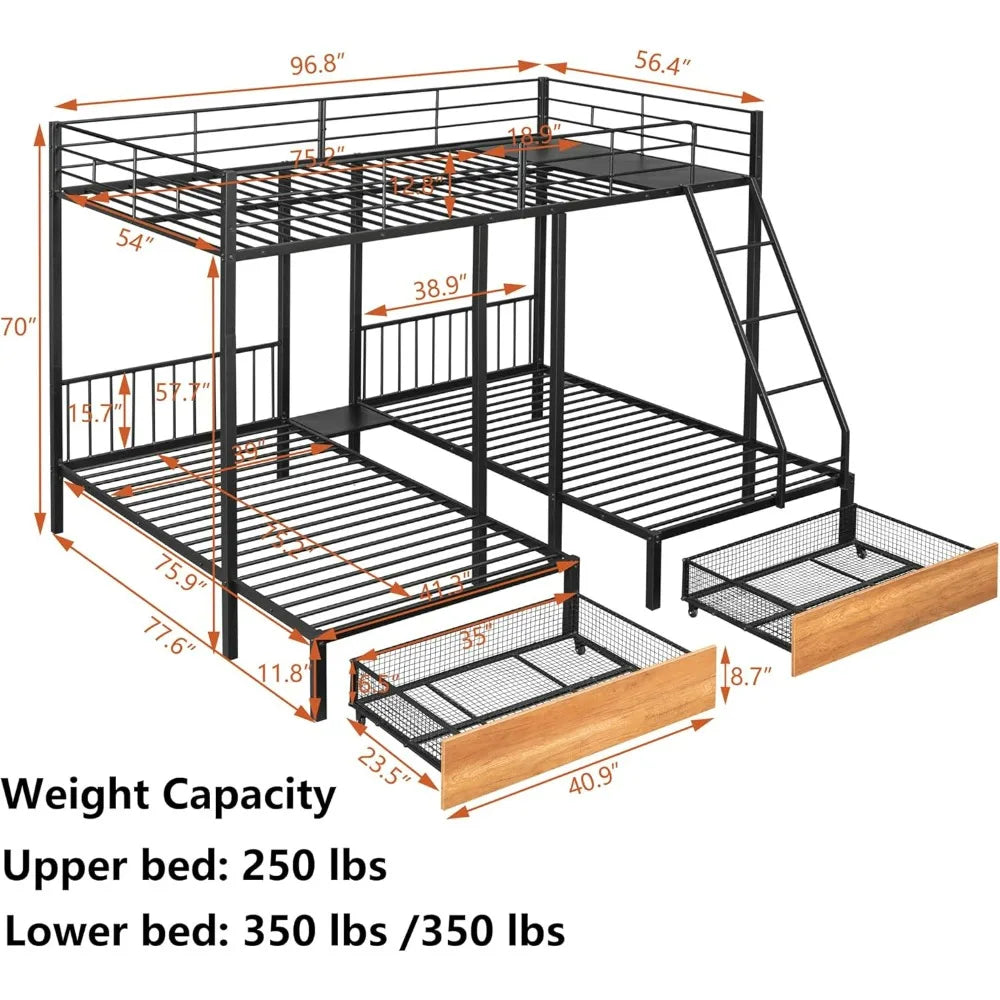 Sturdy Metal Triple Deck Bunk Bed, Full-Size Top with Twin Beds Below, Storage Drawers Included, 3-Bed Configuration/Convertible
