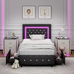 Twin Bed Frame with LED Lights and Storage Drawers, Upholstered Bed Frame with Diamond Headboard, Faux Leather Modern Platform