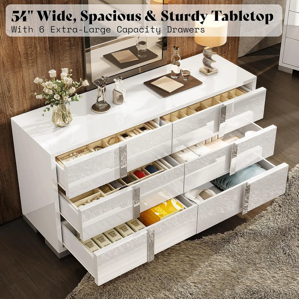 Modern Storage Chest of Drawers with Wide Tabletop,54" W High Gloss 6 Drawers Dresser with Silver Grooved Handles