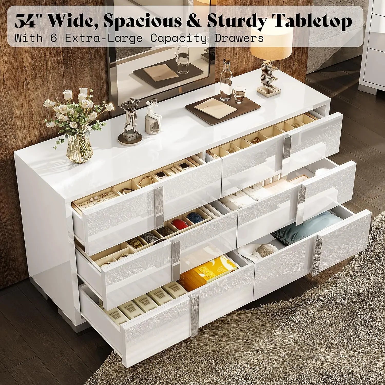 Modern Storage Chest of Drawers with Wide Tabletop,54" W High Gloss 6 Drawers Dresser with Silver Grooved Handles