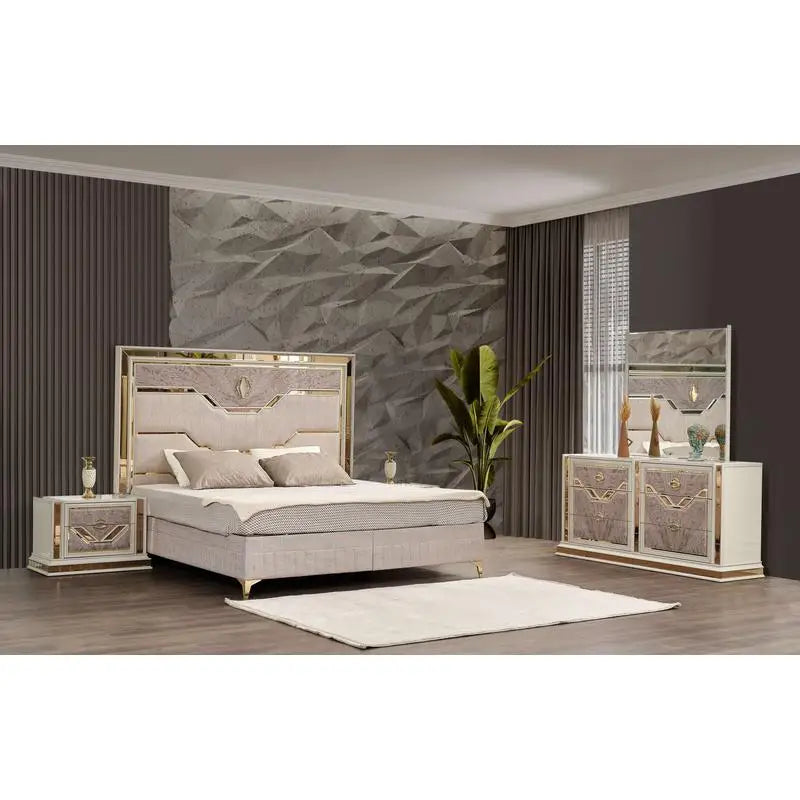 Modern Style 4 Pc King Upholstered Bedroom Set with Wood and Gold Accents in Beige