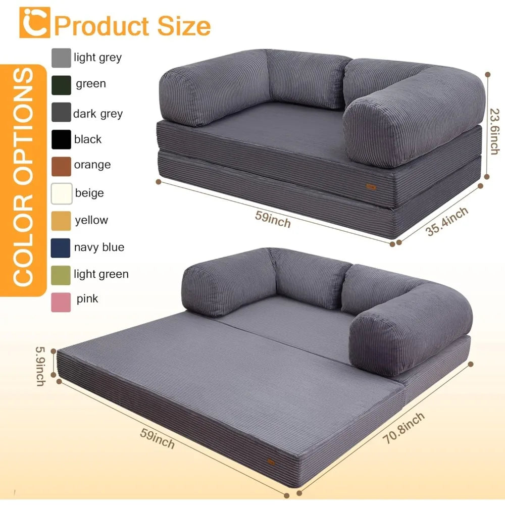 Futon Sofa Bed, 4-in-1 Floor Foldable Sofa Couch/Queen Bed with L-Shaped Armrests, Convertible Folding Chair Bed Sleeper