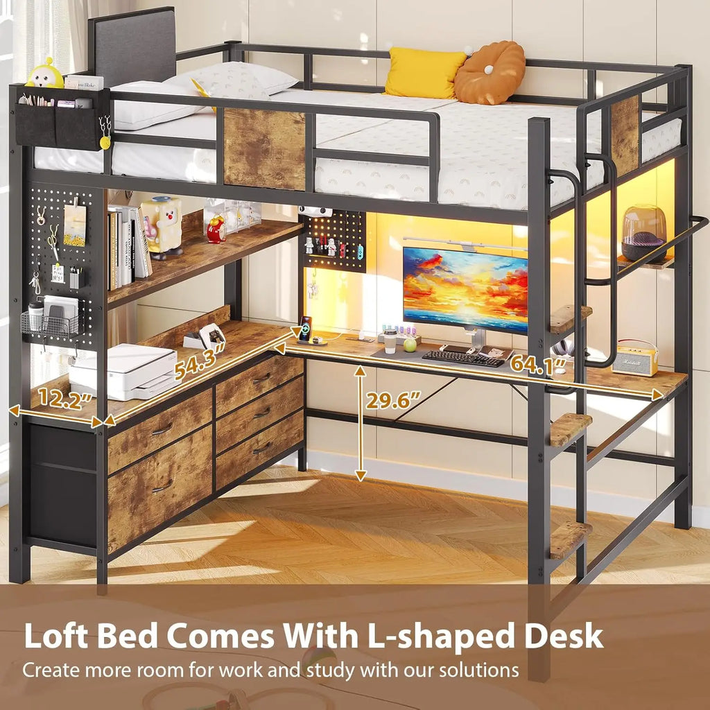 Full Size Loft Bed with L-Shaped Desk, 5 Drawers, LED Lights & Charging Station, Rustic Brown